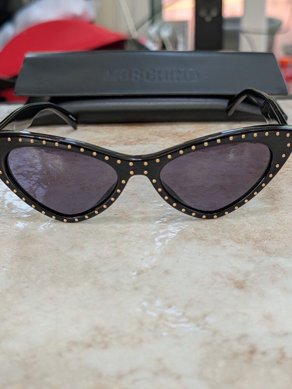 Moschino Black Cat-Eye Sunglasses with Gold Studs NWOT